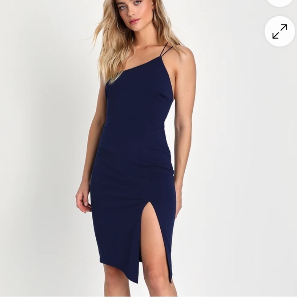 Lulus Happiest Hour Navy Blue Asymmetrical Bodycon Midi Dress Medium NEW TAG